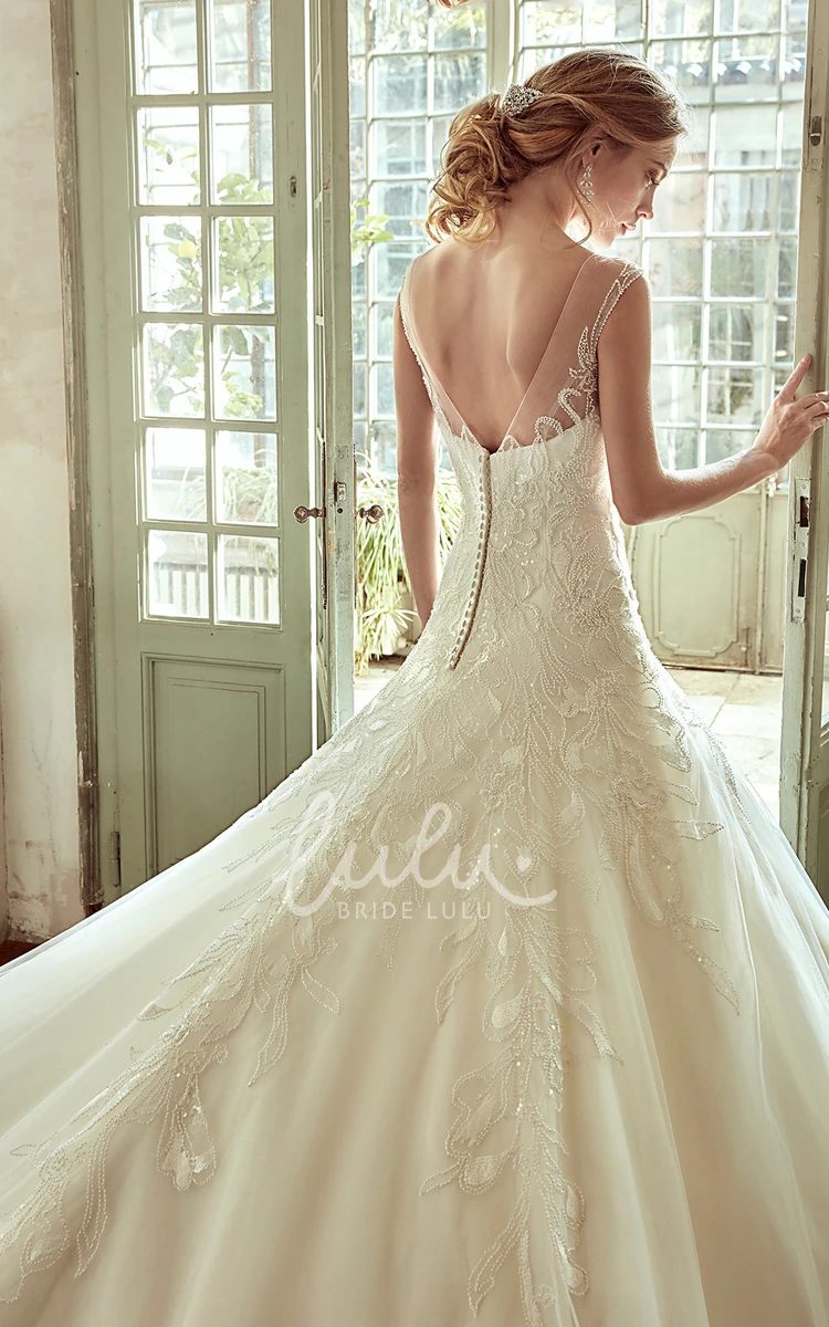 A-Line Wedding Dress with Embroidery and Drop Waist Classic Bridal Gown