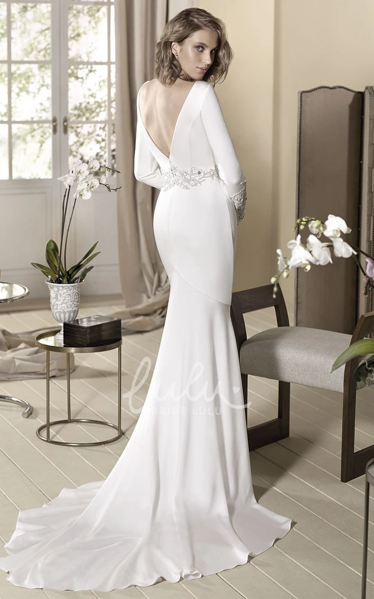 Beaded V-Neck Long-Sleeve Floor-Length Wedding Dress Sheath Style