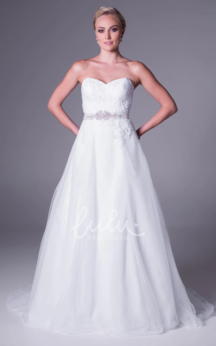 Tulle A-Line Wedding Dress with Sweetheart Neckline Ruching and Waist Jewelry