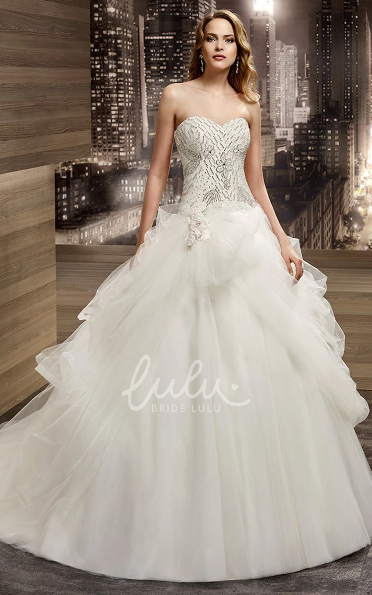 Lace-Up A-Line Wedding Dress with Beaded Bodice and Ruched Overlayer