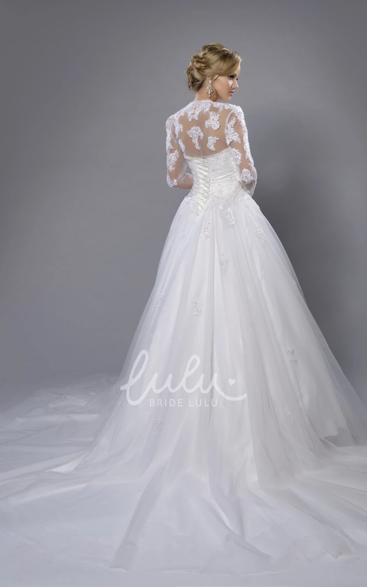 A-Line Tulle Wedding Dress with Lace Bodice Sweetheart Long Sleeve Classic