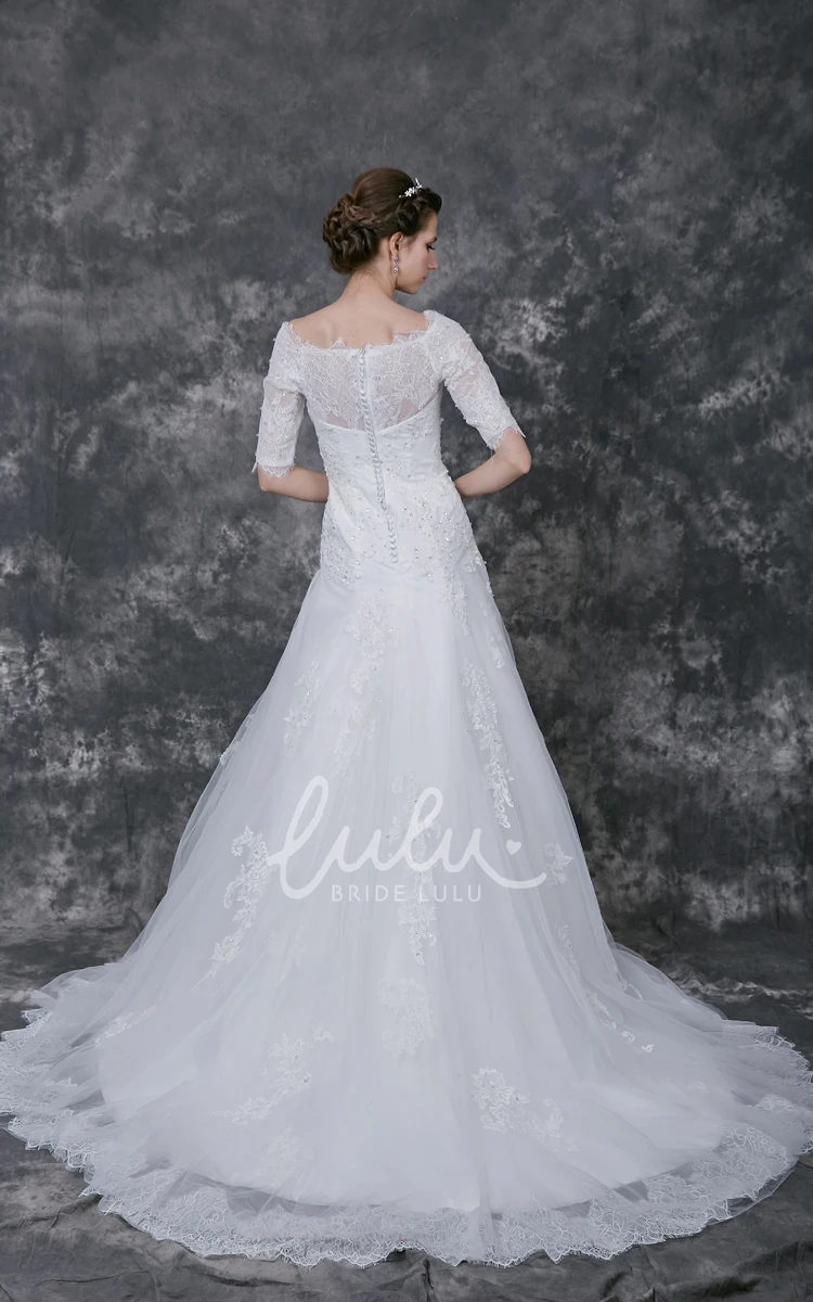 A-line Tulle Gown with Lace Appliques and Beading Half Sleeves