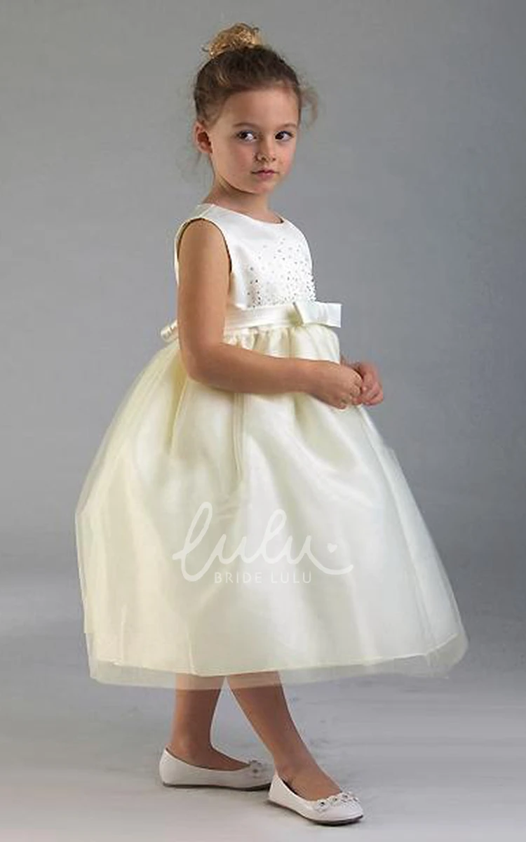 Tea-Length Tulle&Sequins Flower Girl Dress with Bows and Appliques Unique Bridesmaid Dress