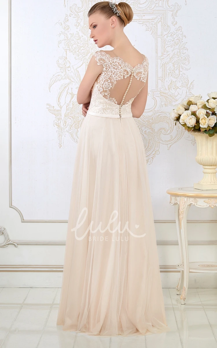 Cap-Sleeve Appliqued Tulle Sheath Wedding Dress V-Neck Floor-Length