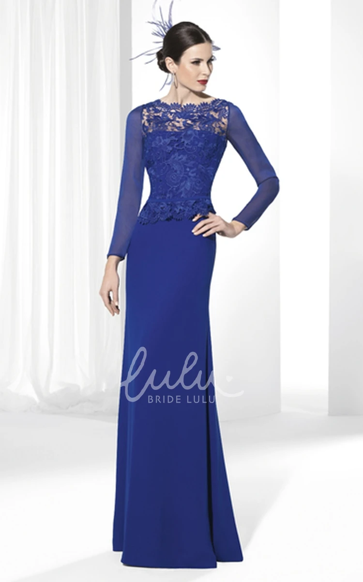 Long-Sleeve Jersey Prom Dress with Appliques Floor-Length Jewel-Neck