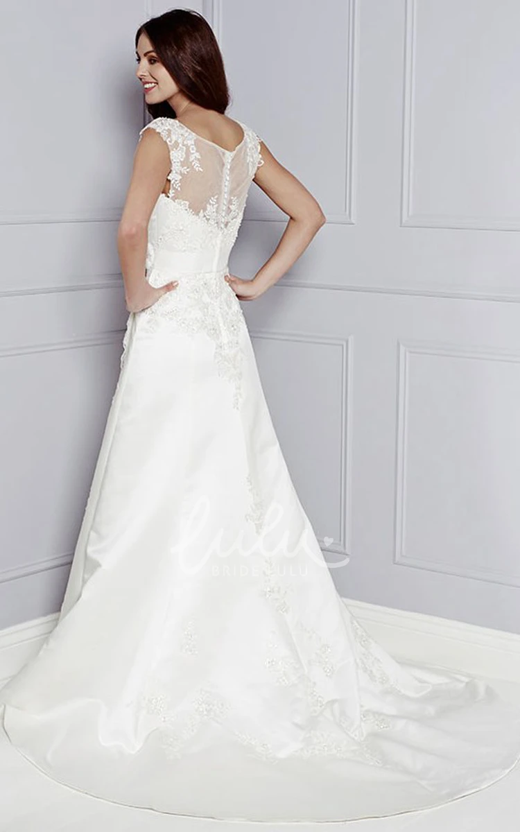 Appliqued Bateau-Neck Taffeta Wedding Dress Cap-Sleeve A-Line Style