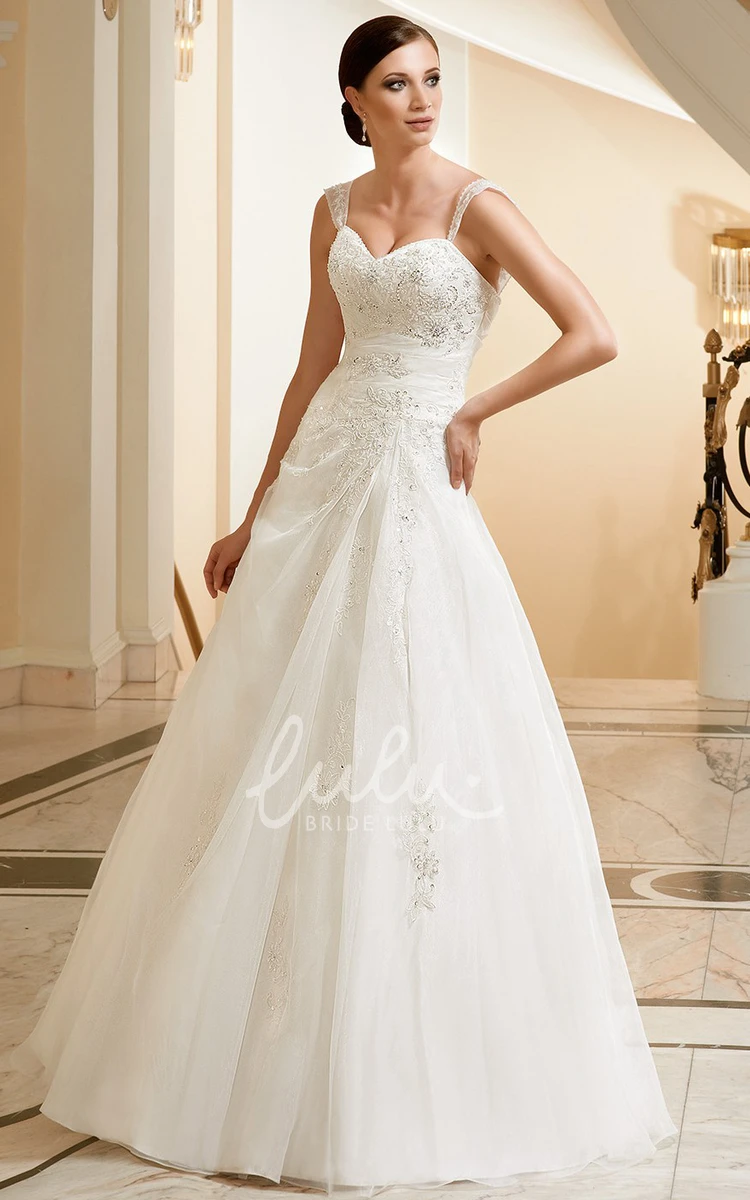 Lace and Satin A-Line Sleeveless Wedding Dress with Appliques and Floor-Length Straps