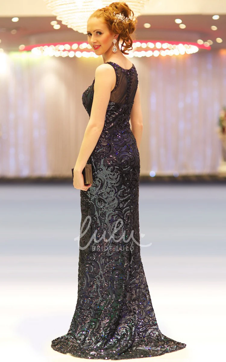 Beaded Sequins Prom Dress Sheath Scoop-Neck Sleeveless Floor-Length