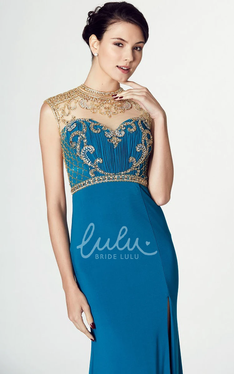 Long Cap-Sleeve Sheath Jersey Prom Dress Unique Formal Gown with Illusion Back and Split Front