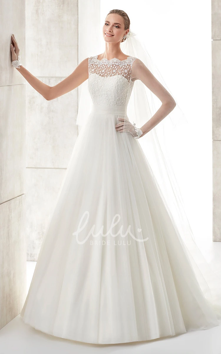 Pleated A-Line Wedding Dress with Cinched Waistband and Scallop Neckline