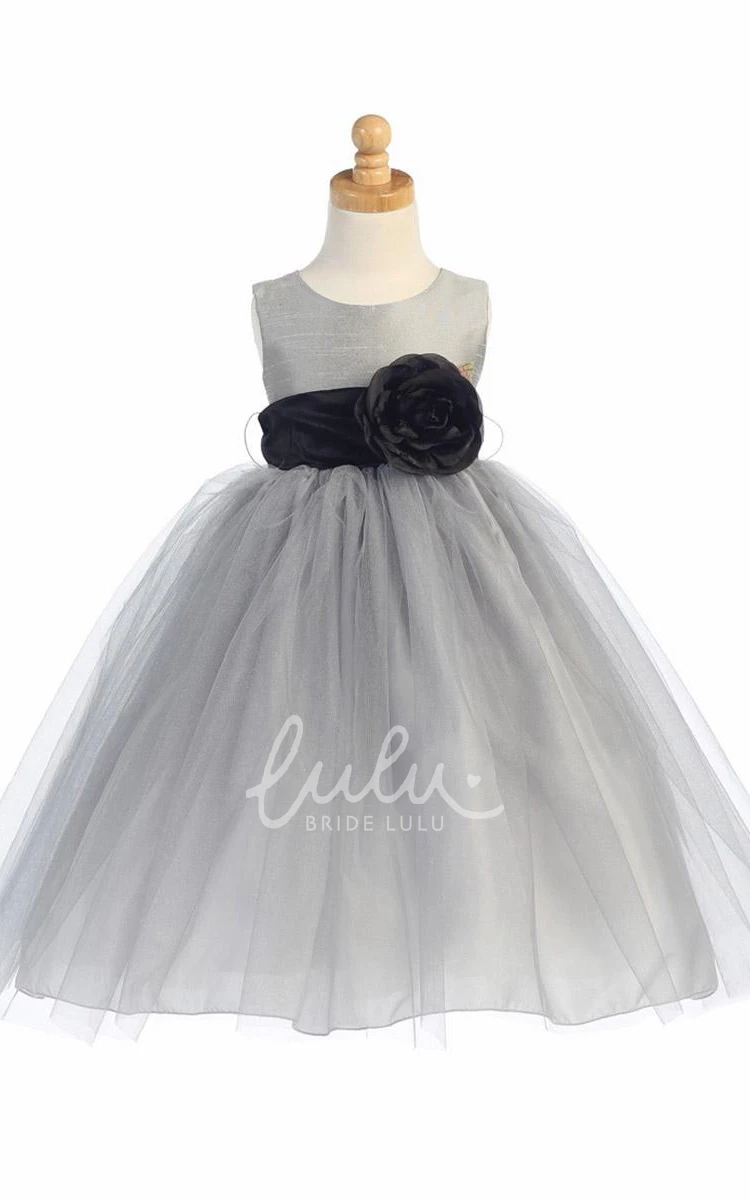 Tiered Tulle Tea-Length Flower Girl Dress with Ribbon