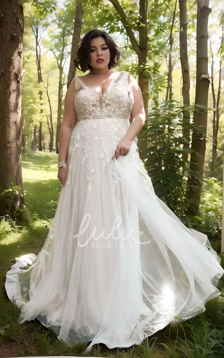 Plus Size A-Line Lace Tulle Wedding Dress Bohemian Country Garden Sweep Train 2024 Floor-length