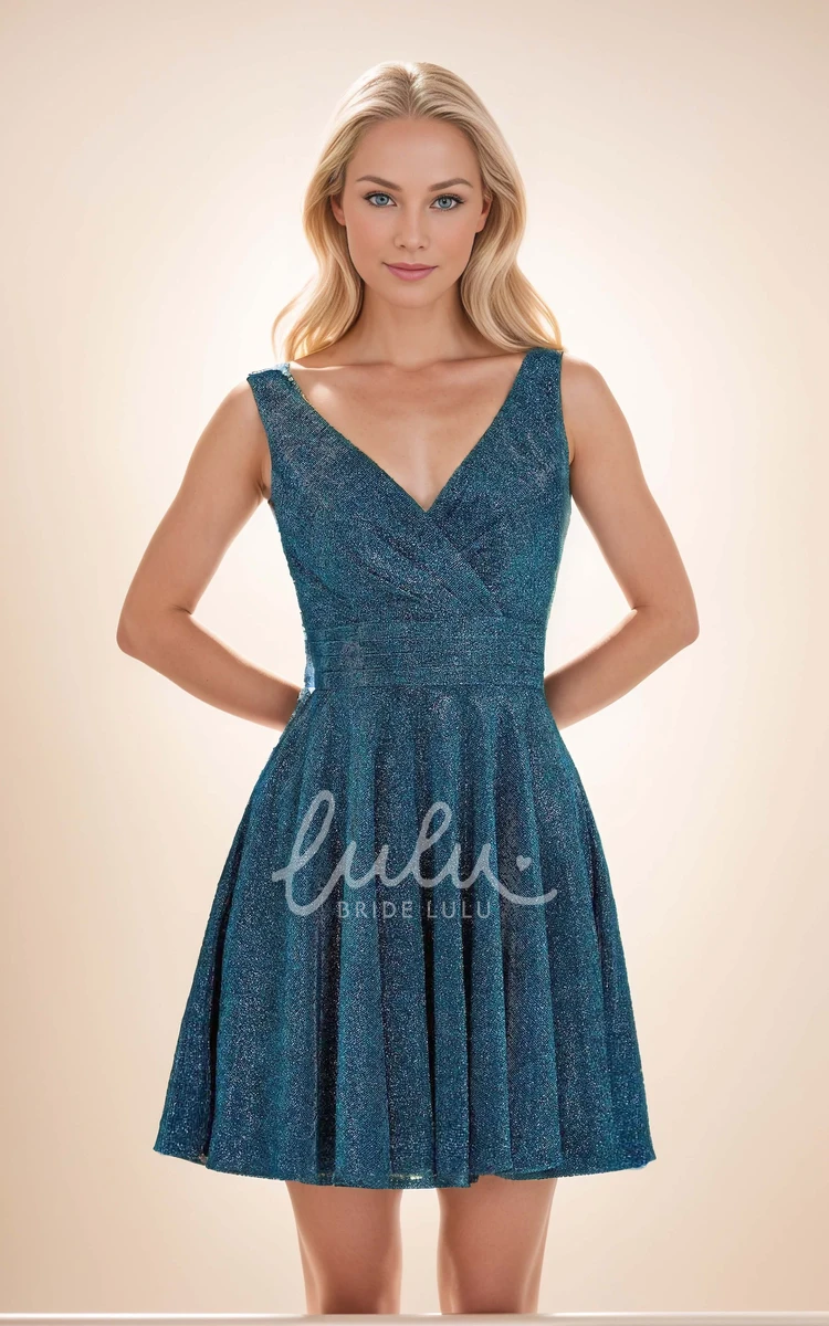 Cute Adorable Short Ink Blue A-Line Glitter Homecoming Dress Ruched Waistline V-Neck Lace-Up Back Mini Junior Prom Dress