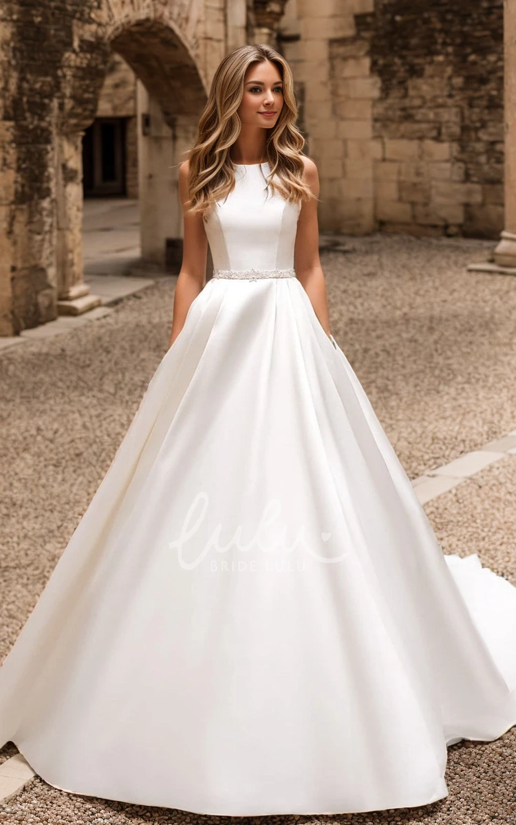 Modest Elegant A-Line Boat Neck Wedding Dress Princess Solid Button Back Court Train Bridal Gown