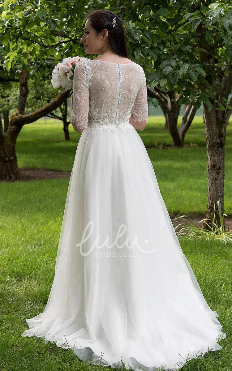 Elbow Sleeve Lace and Tulle A-Line Wedding Dress