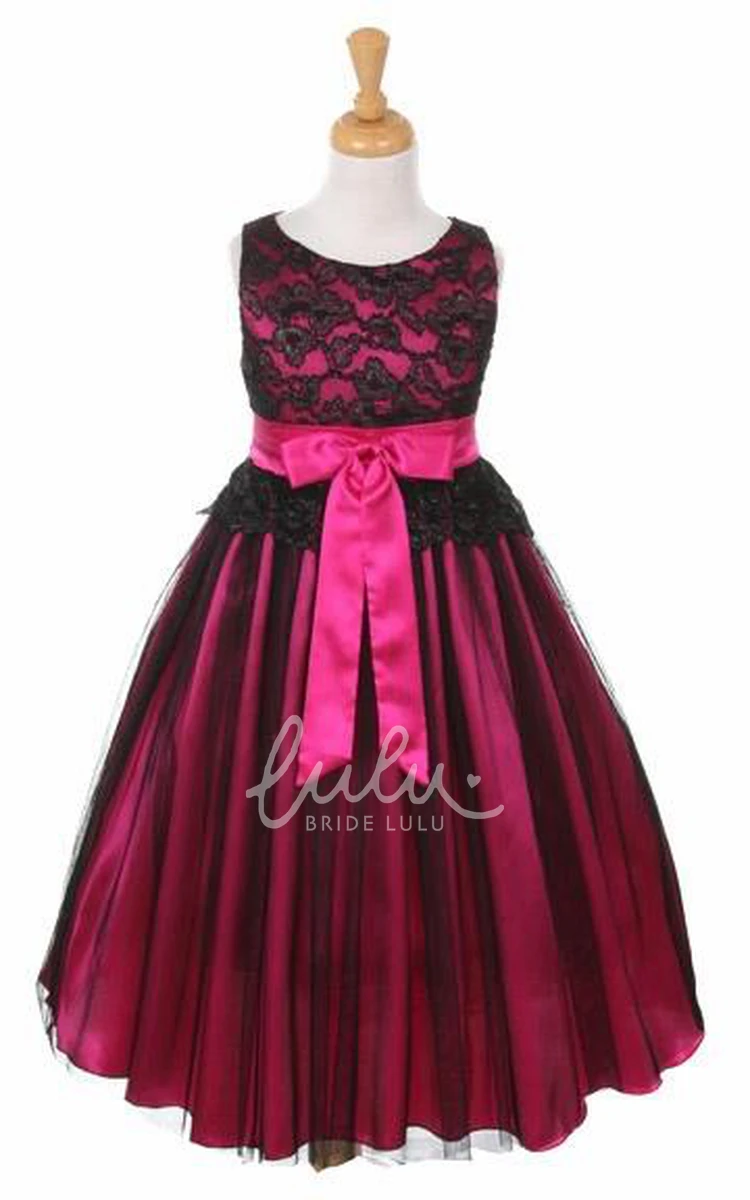 Sleeveless Tulle&Lace Tea-Length Flower Girl Dress with Floral Design