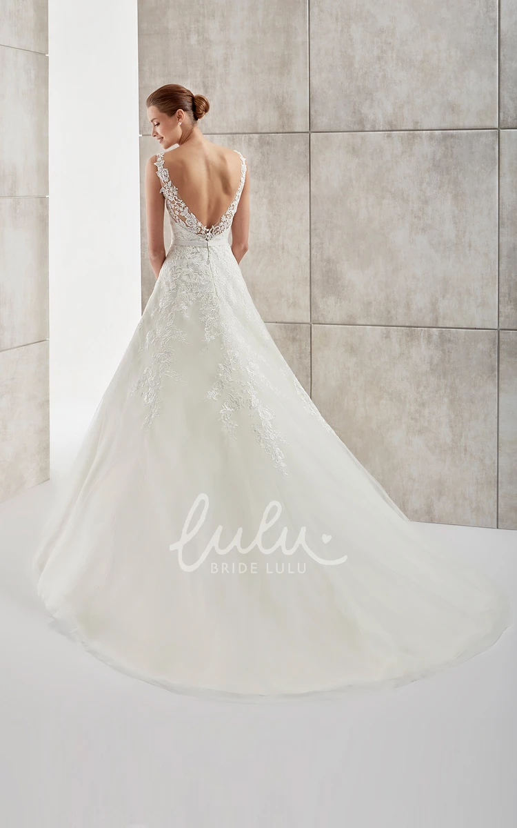 Open Back A-Line Wedding Dress with Lace Appliques and V-Neck