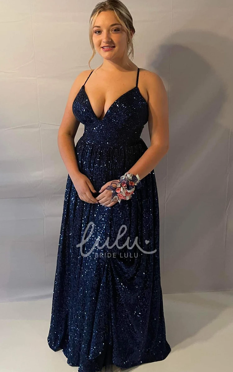 Spaghetti V-neck Sequins Evening Dress with Appliques Simple A-Line Design