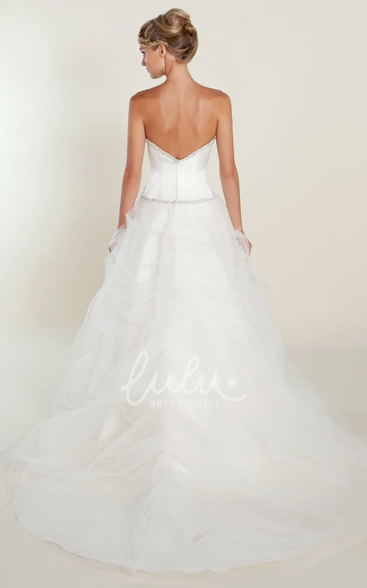 Floor-Length A-Line Tulle&Satin Wedding Dress with Beaded Embellishments and Ruffles Classic Bridal Gown