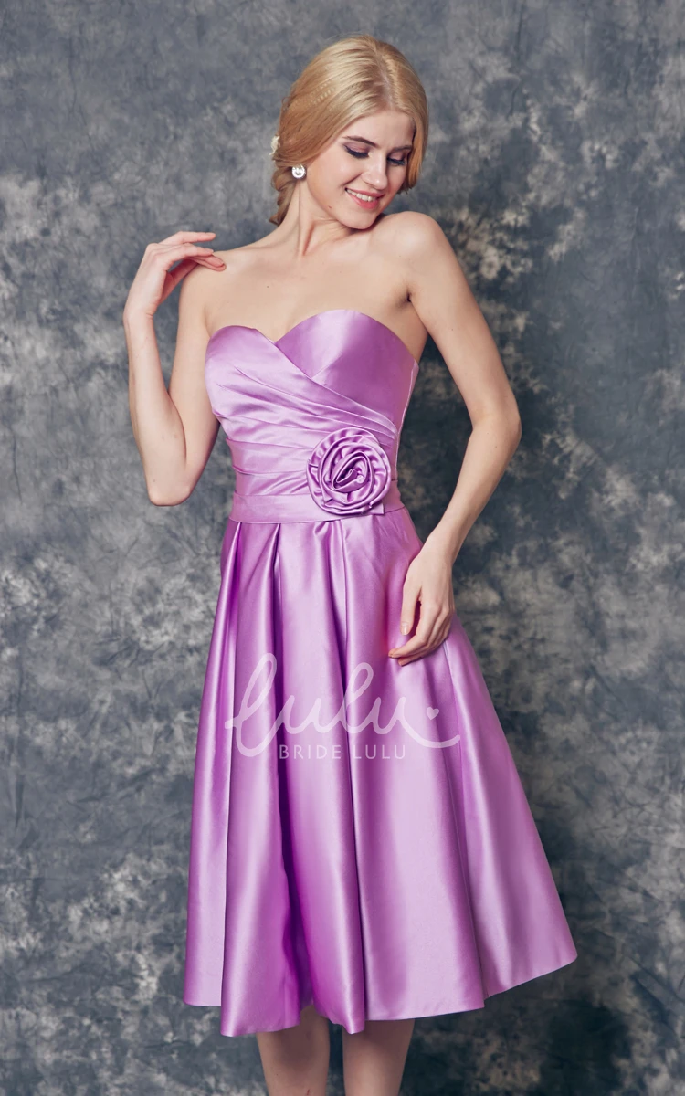 Knee Length A-line Satin Bridesmaid Dress with Floral Ruching Sweet and Chic