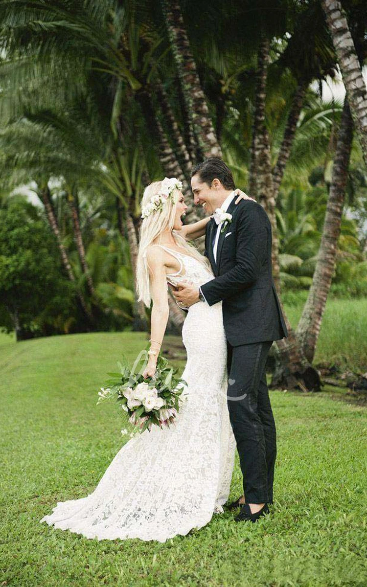 V-neck Lace Wedding Dress with Zipper Sheath Style