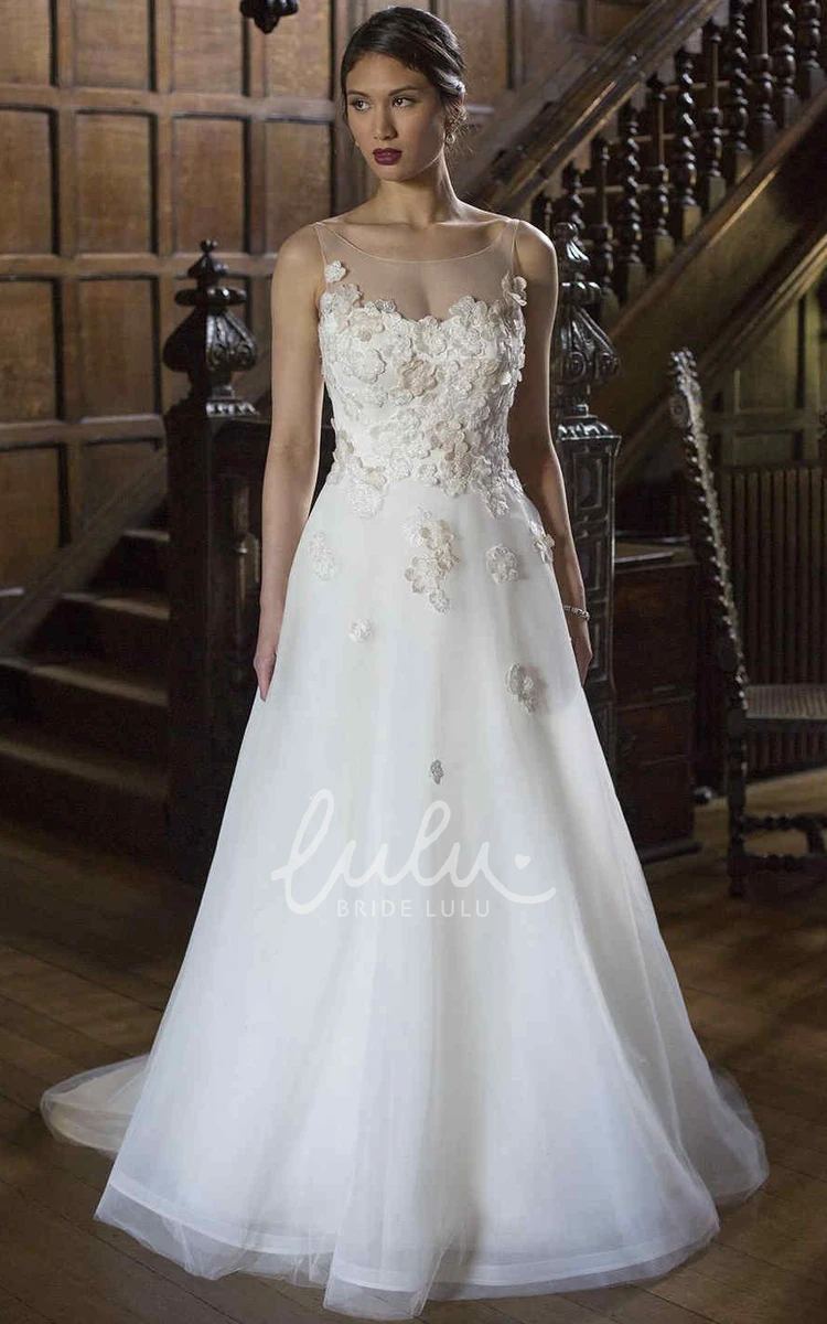 Sleeveless Bateau-Neck Organza & Tulle A-Line Wedding Dress with Floral Appliques Lovely Bridal Gown