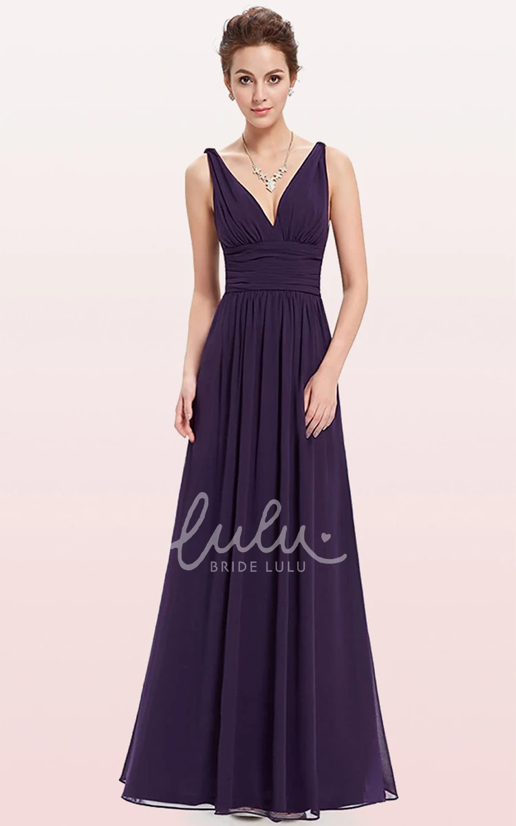 Romantic Chiffon V-neck A-line Prom Dress with Ruffles and Sleeveless Bridesmaid Dress