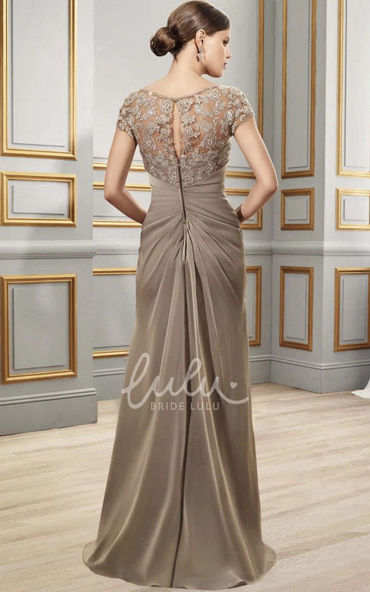 Short-Sleeve Sheath Formal Dress with Illusion Back and Appliques Floor-Length Bridesmaid Dress