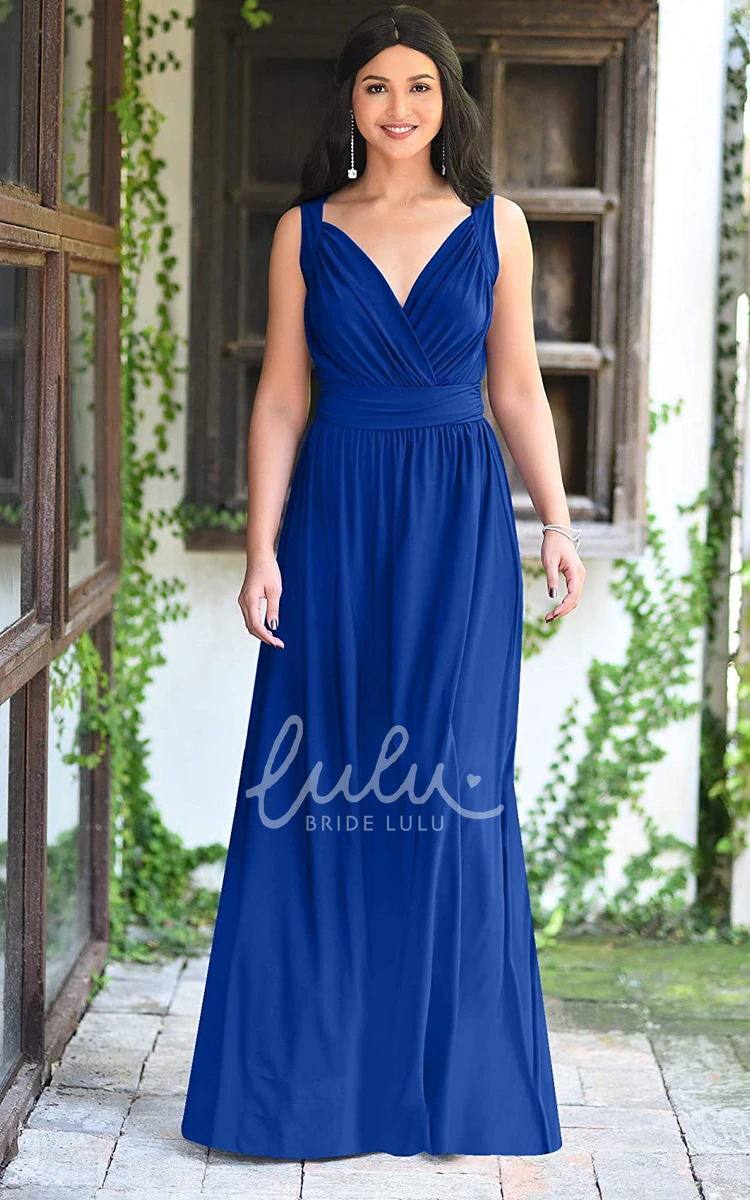 Chiffon V-neck A-line Bridesmaid Dress with Ruching Casual Floor-length