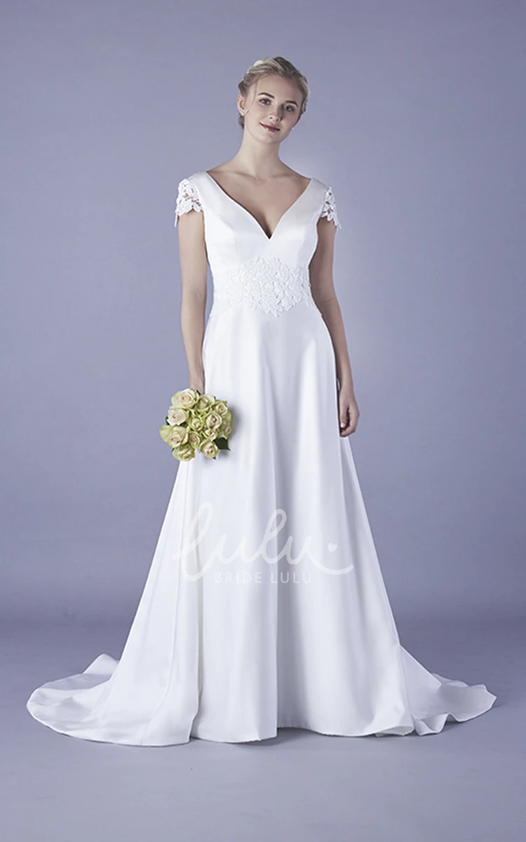 Satin Plunging V-neck Wedding Dress with Floral Cap Sleeves and Appliques