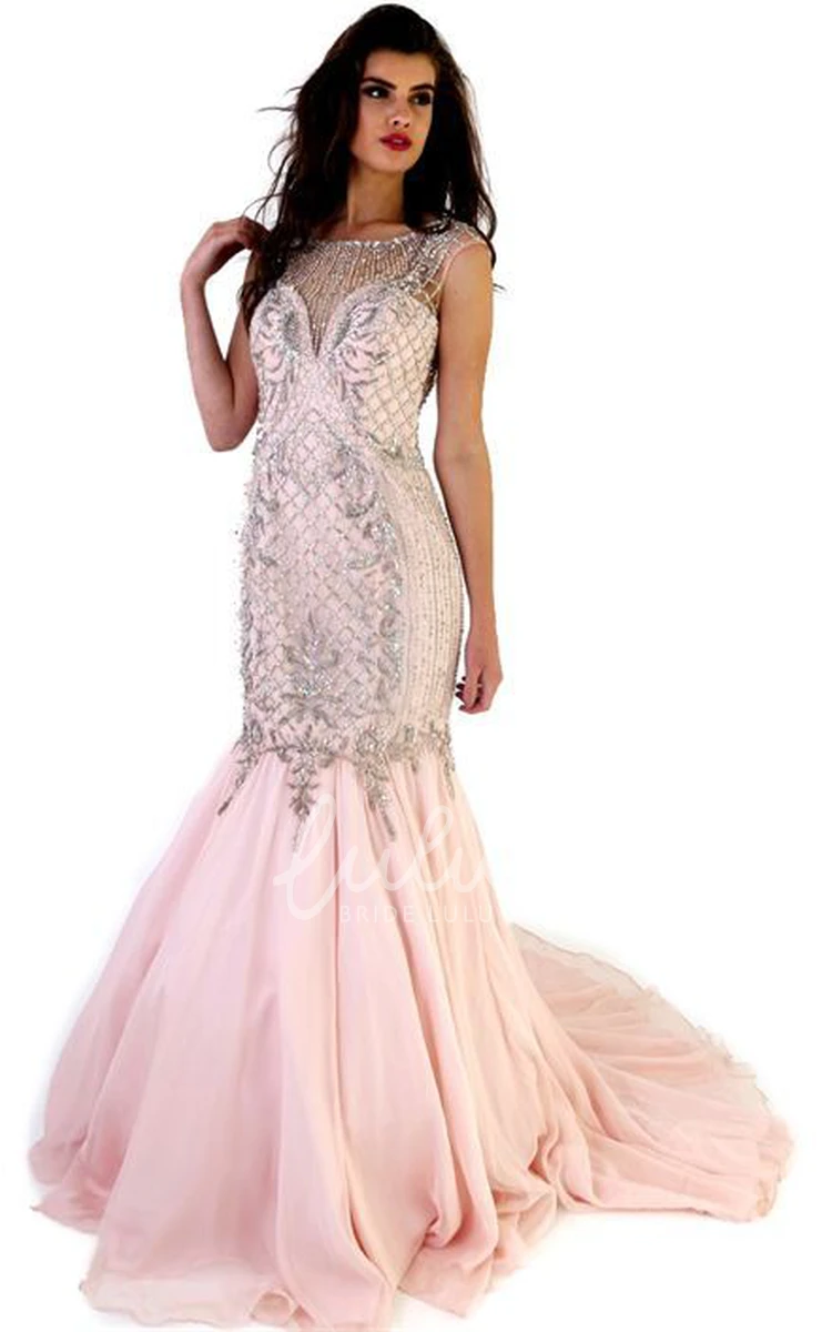 Beaded Cap-Sleeve Mermaid Chiffon Prom Dress Elegant Women's Formal Gown