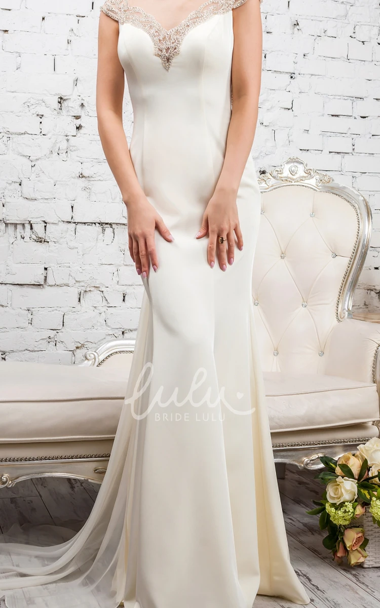 Satin & Tulle Beaded Sheath Wedding Dress with Cap Sleeves