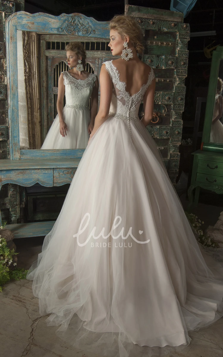 Ball Gown Appliqued Tulle Wedding Dress Sleeveless V-Neck Brush Train Flowy