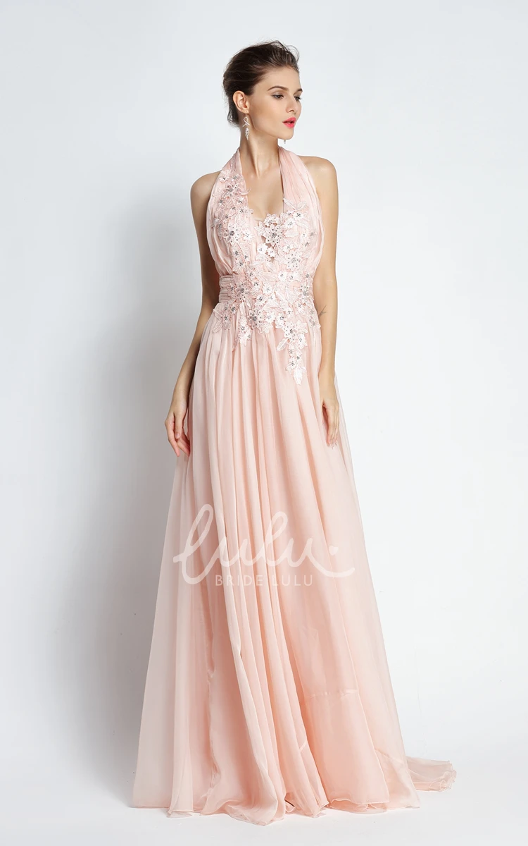 Halter Chiffon A-Line Prom Dress with Appliques and Beading Sweep Brush Train