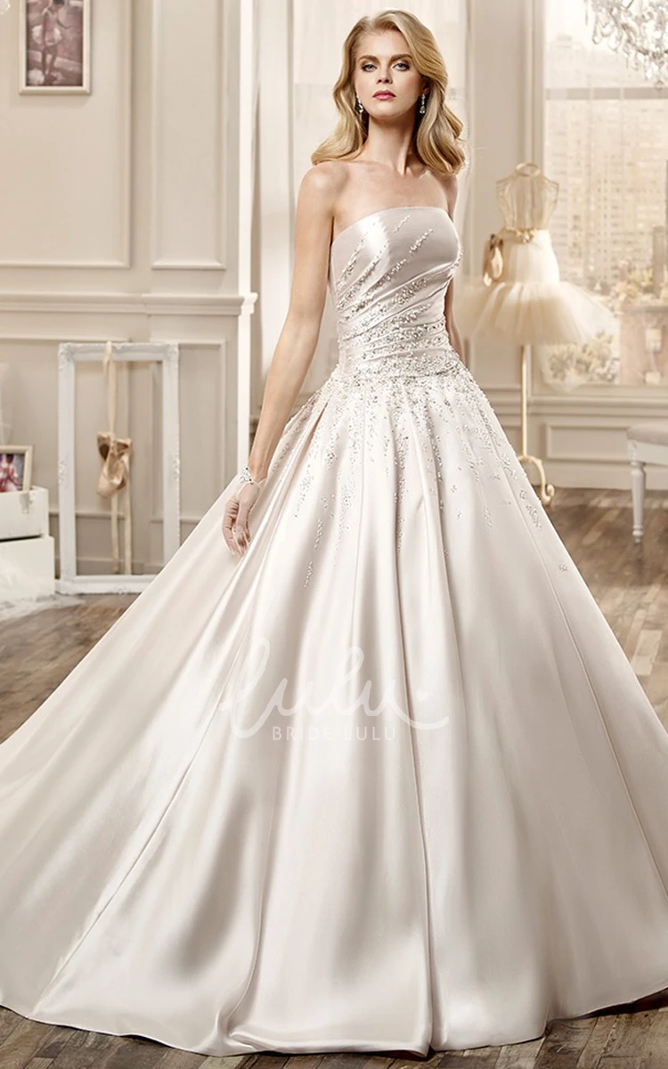 Satin Beaded Strapless Wedding Dress with Chapel Train Elegant Bridal Gown