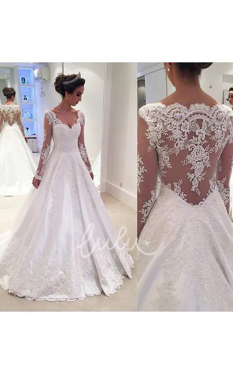 Illusion Back Long Lace Dress with V-Neck and A-Line Sleeves