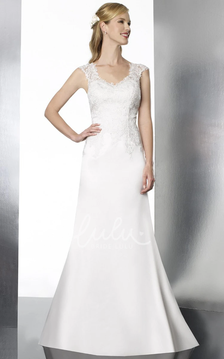 Cap-Sleeve Lace&Satin Wedding Dress with Low V-Back Floor-Length