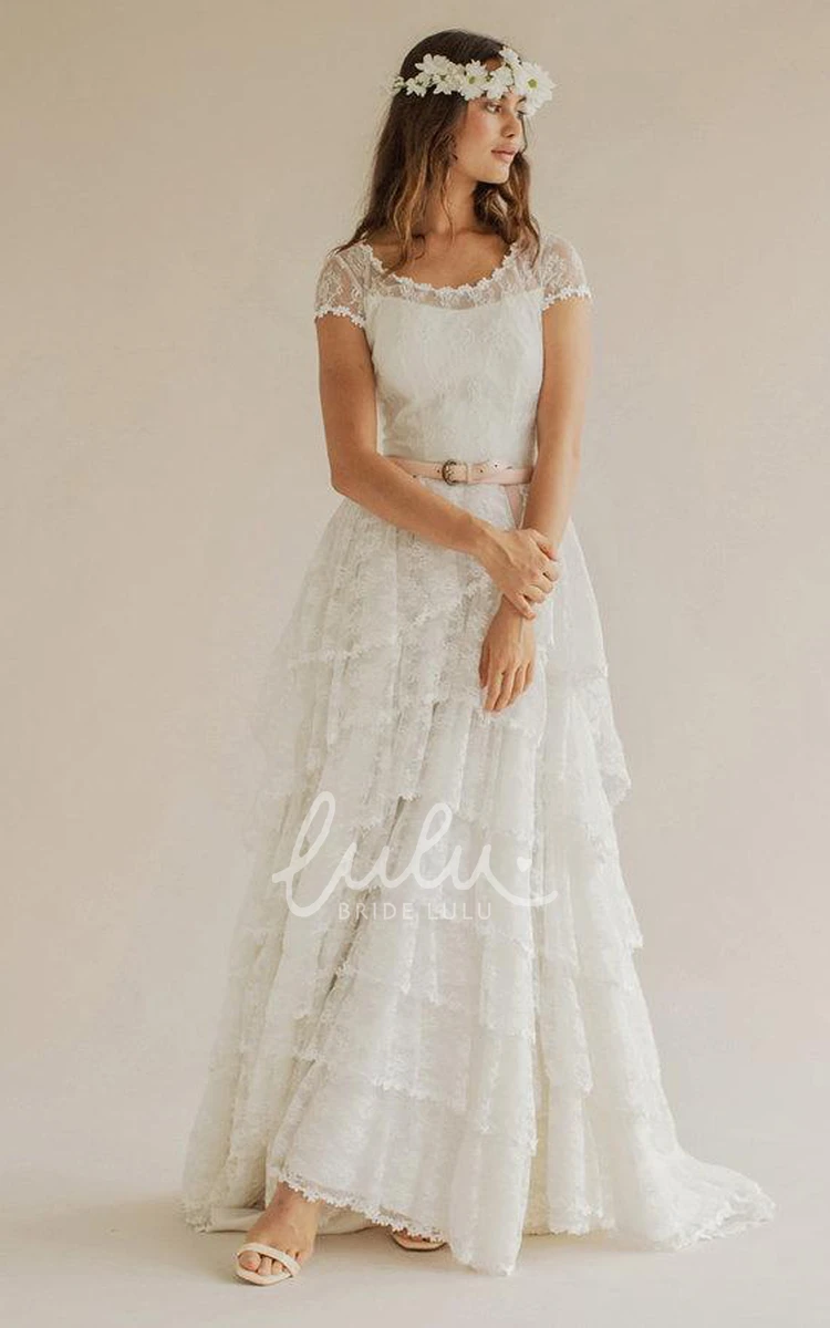 A-Line Tiered Wedding Dress with Boho Scoop Neck and Cap Sleeves