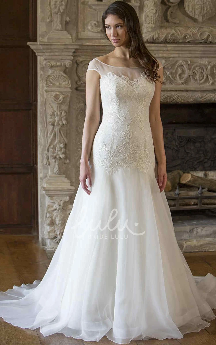 Floor-Length Lace A-Line Wedding Dress with V Back and Cap-Sleeves Chic Bridal Gown