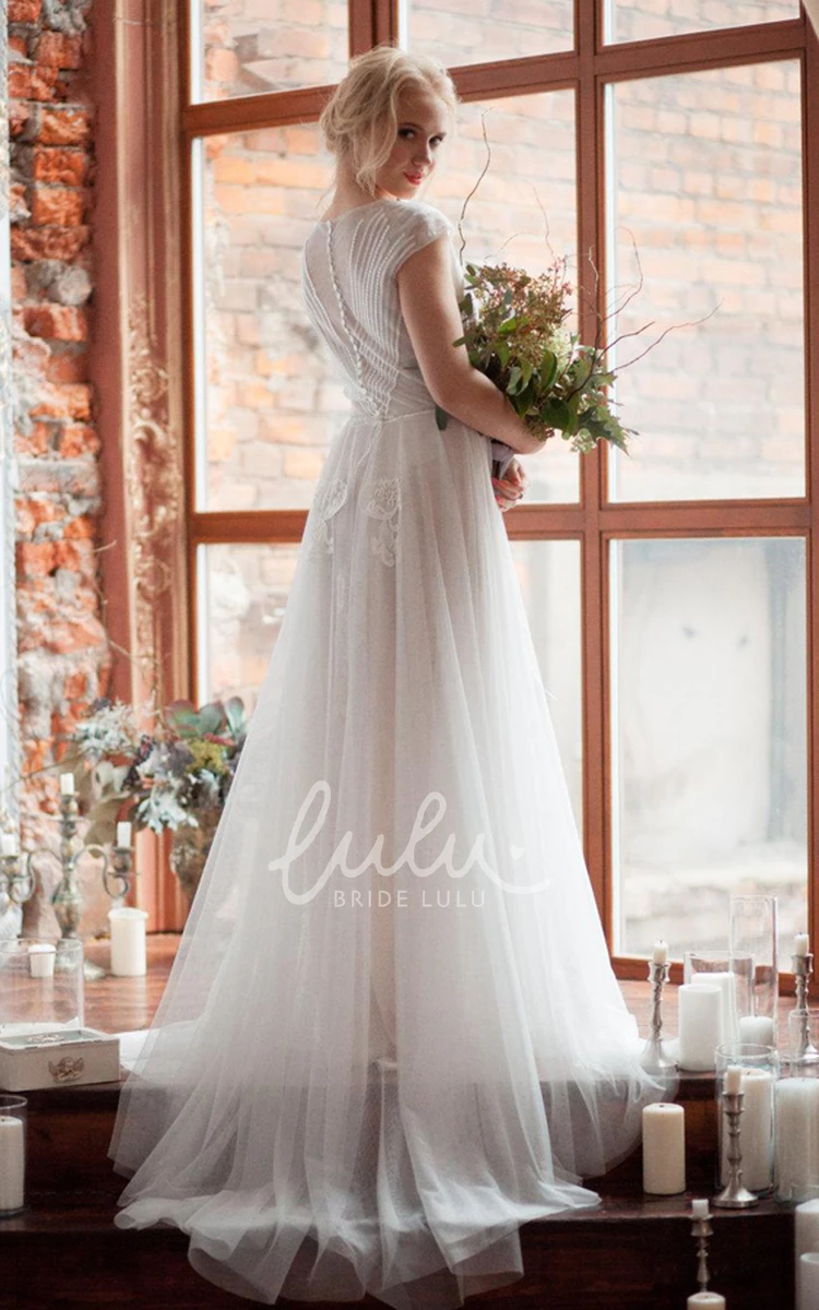 Tulle Appliqued Wedding Dress with Cap Sleeves and Beading