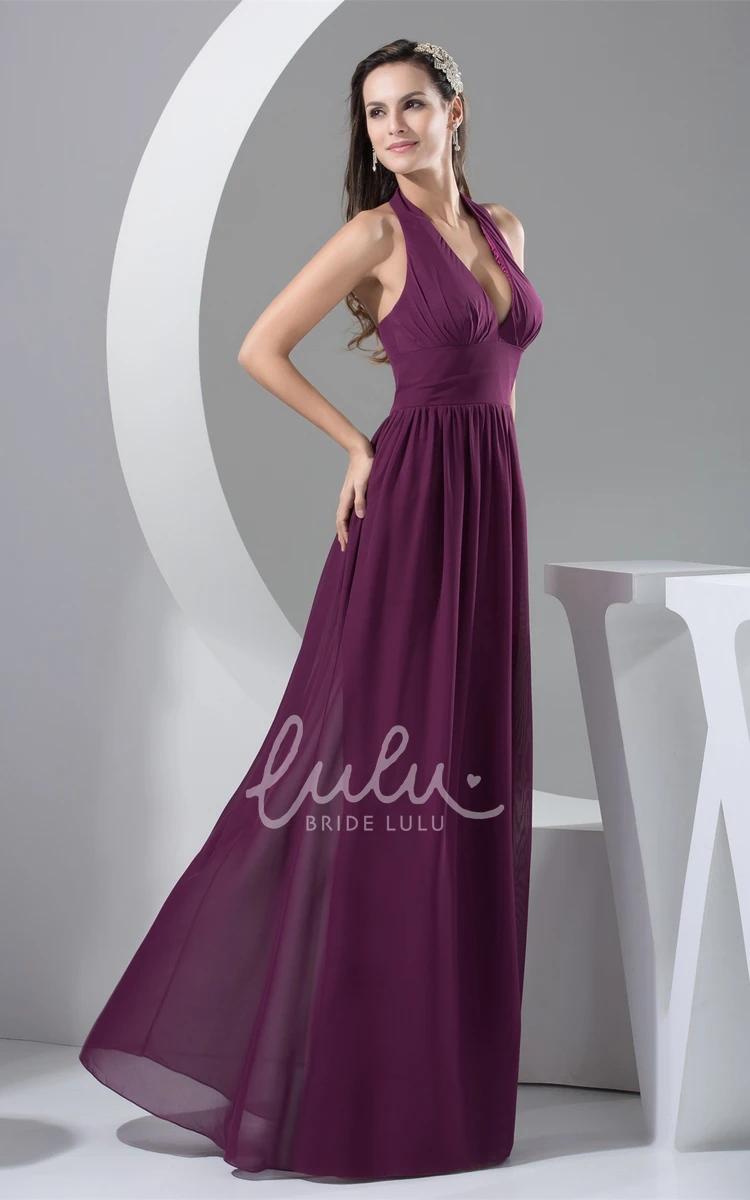 Halter Maxi Formal Dress with Pleats and Backless Design Flowy A-Line Dress