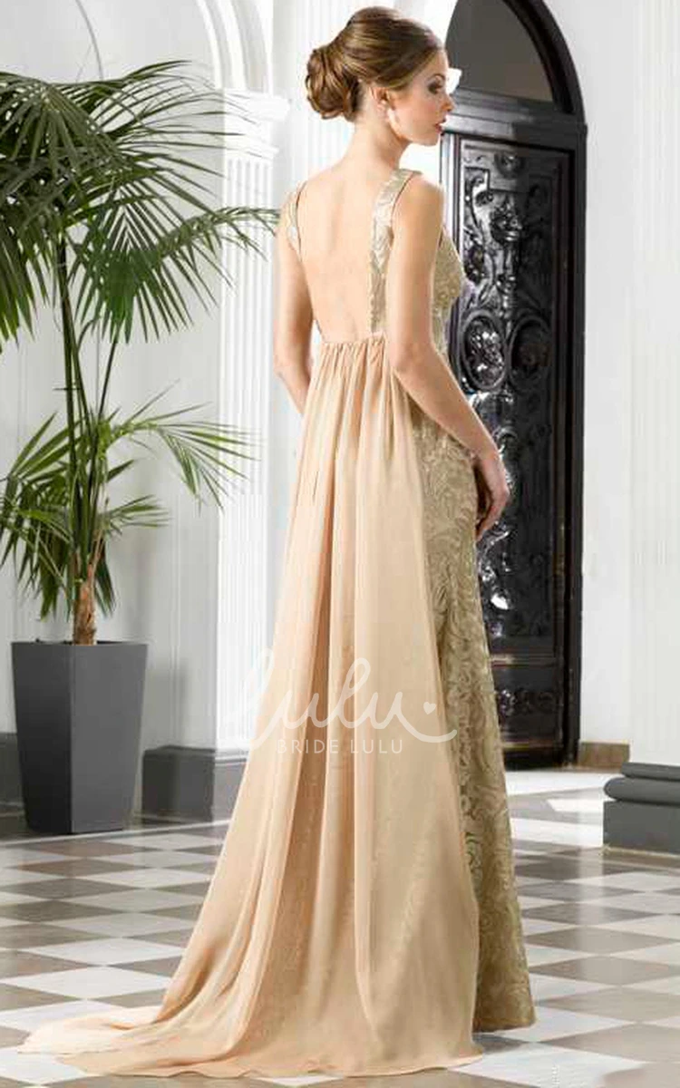 Lace Waist Sleeveless A-Line Prom Dress with Jewellery and Detachable Train