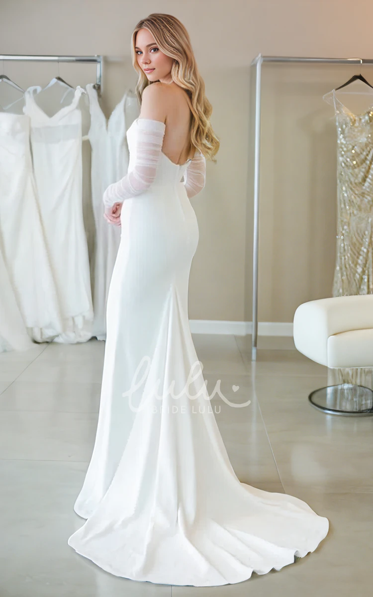 Mermaid Off-the-shoulder Elegant Simple Strapless Satin Wedding Dress Sexy Solid Beach Floor-length Bridal Gown with Button Open Back Court Train