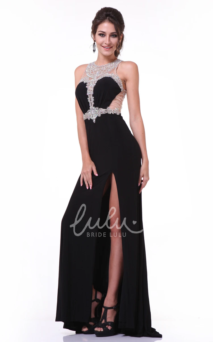 Jewel-Neck Sleeveless Jersey Formal Dress with Beading and Illusion