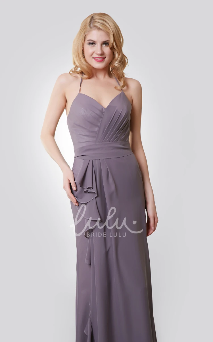 Long Chiffon Bridesmaid Dress with Side Draping and Spaghetti Straps