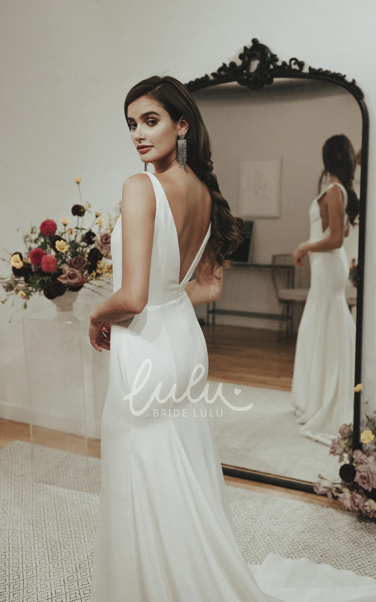 Deep V-back Mermaid Satin Wedding Gown with Train and V-neck