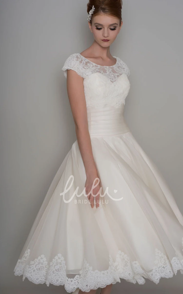 Cap Sleeve Tea-Length A-Line Tulle Wedding Dress for Women