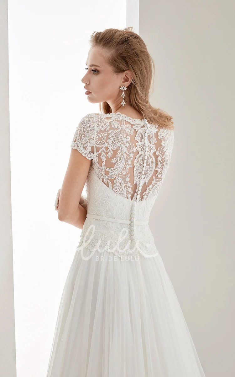 Illusion Draping Wedding Dress with Scalloped-Neck Lace Bodice and T-Shirt Sleeves Flowy Bridal Gown
