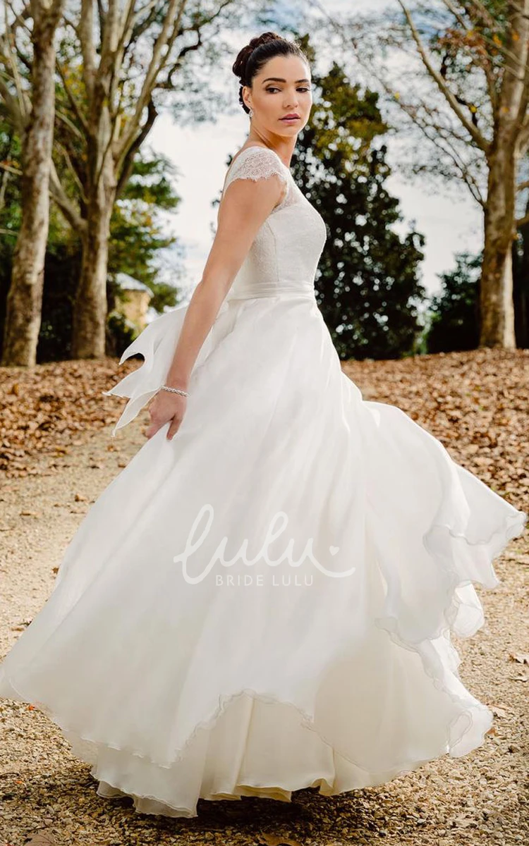 Lace Chiffon A Line Wedding Dress with Deep-V Back and Ribbon Simple and Elegant