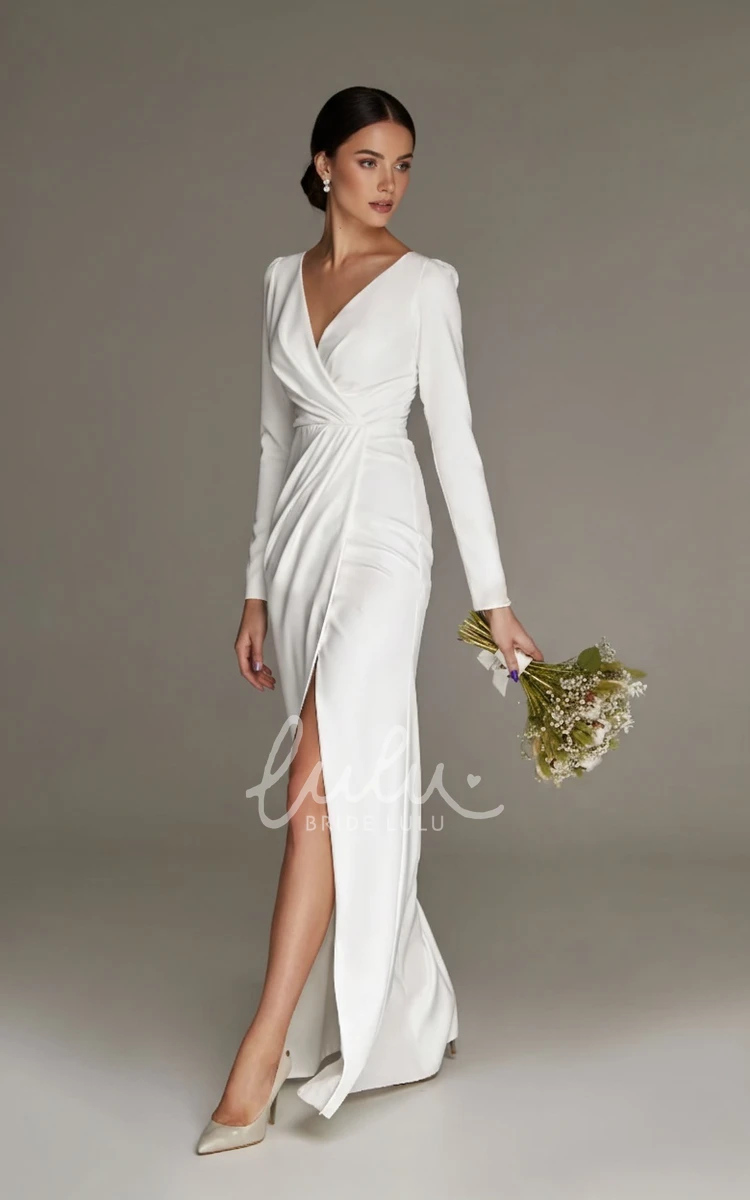 Long Sleeve Sheath Simple Sexy Floor-length V-neck Reception Split Warm Wedding Dress Zipper Back